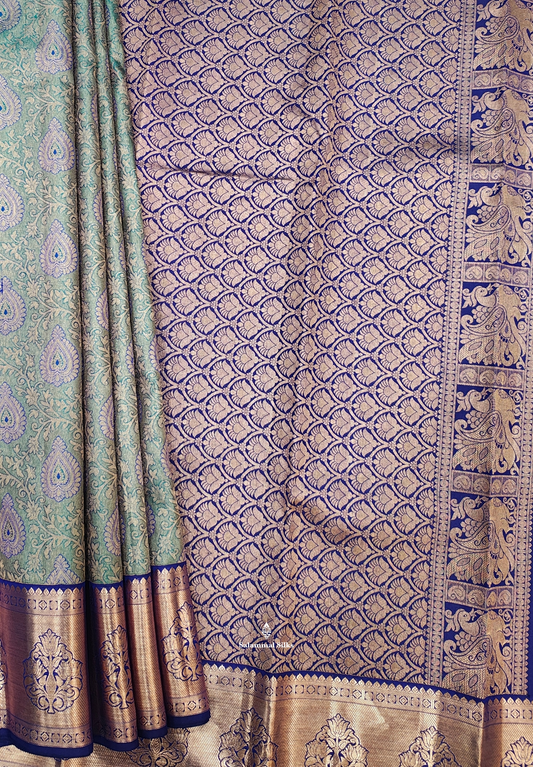 Ramar Green Grand Pure Silk Saree With Royal Blue Border