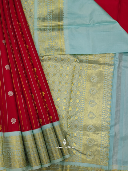 Kanjivaram Red Gold Silver Lines Pure Silk Saree With Ice Blue Border