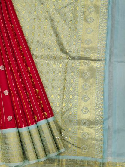 Kanjivaram Red Gold Silver Lines Pure Silk Saree With Ice Blue Border