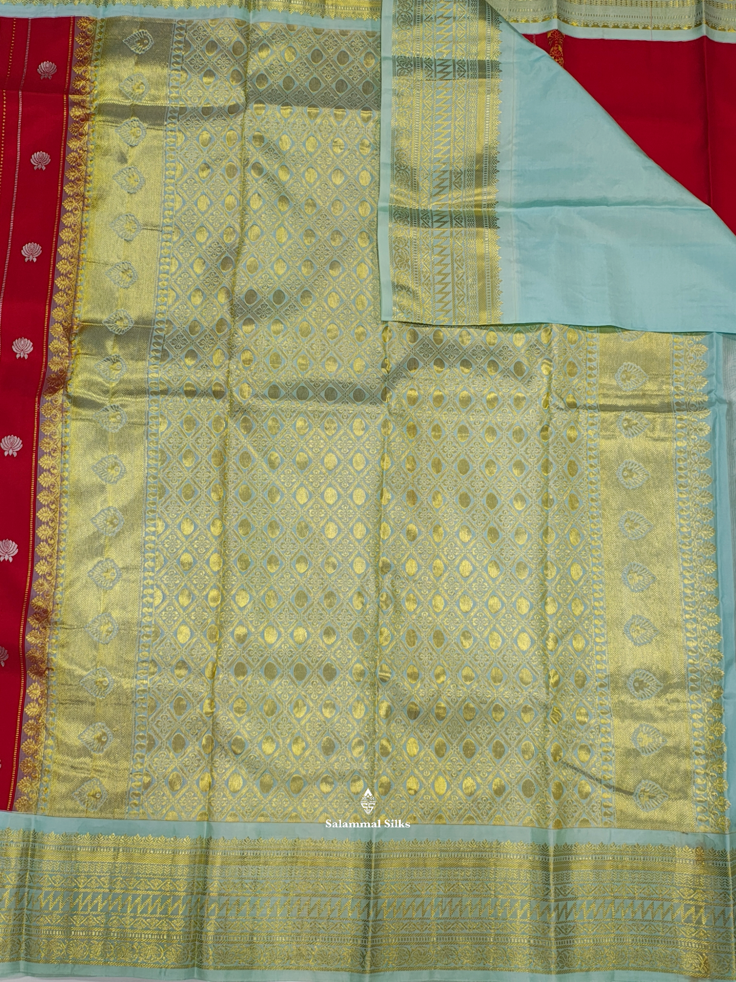 Kanjivaram Red Gold Silver Lines Pure Silk Saree With Ice Blue Border