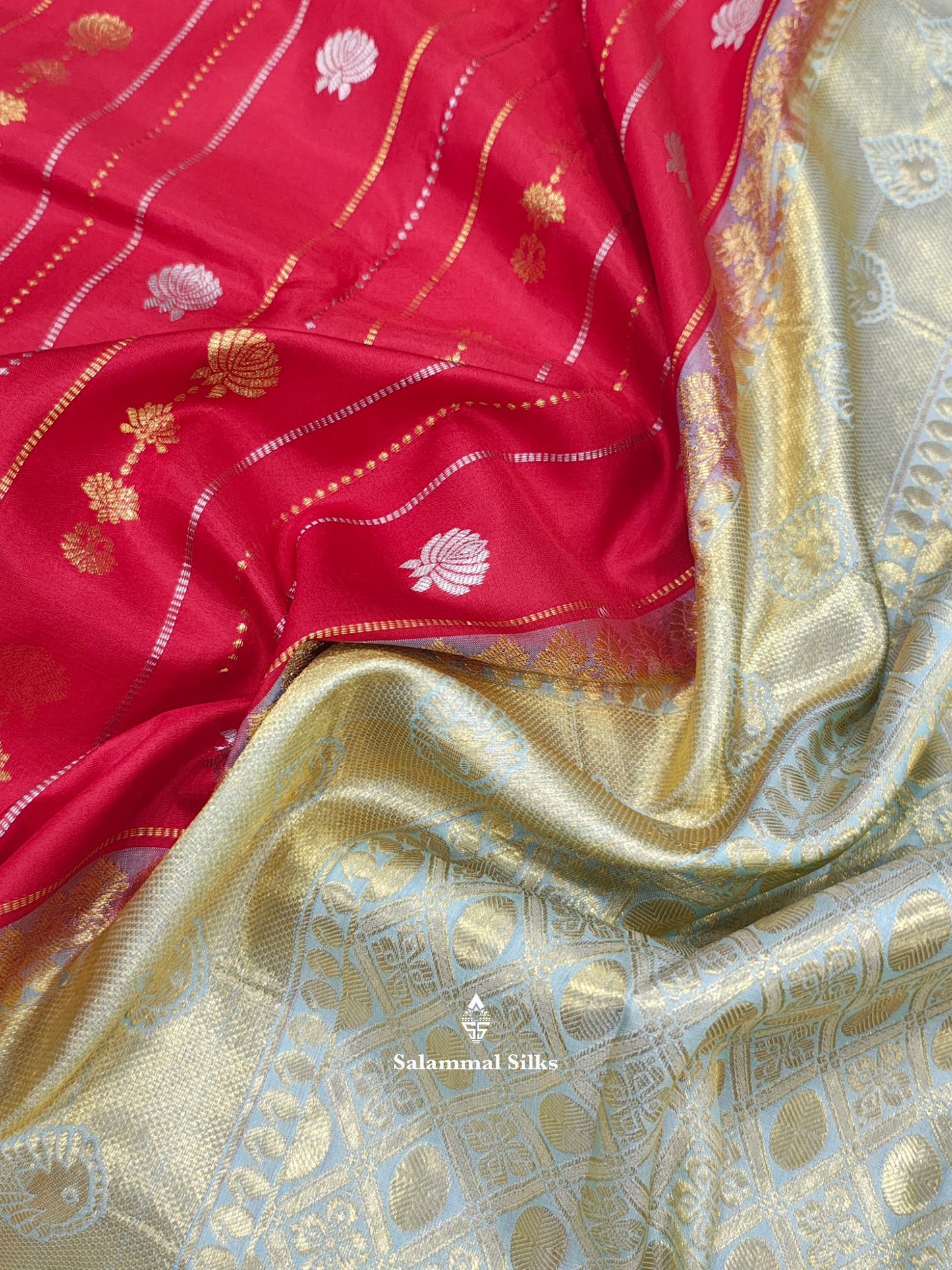 Kanjivaram Red Gold Silver Lines Pure Silk Saree With Ice Blue Border