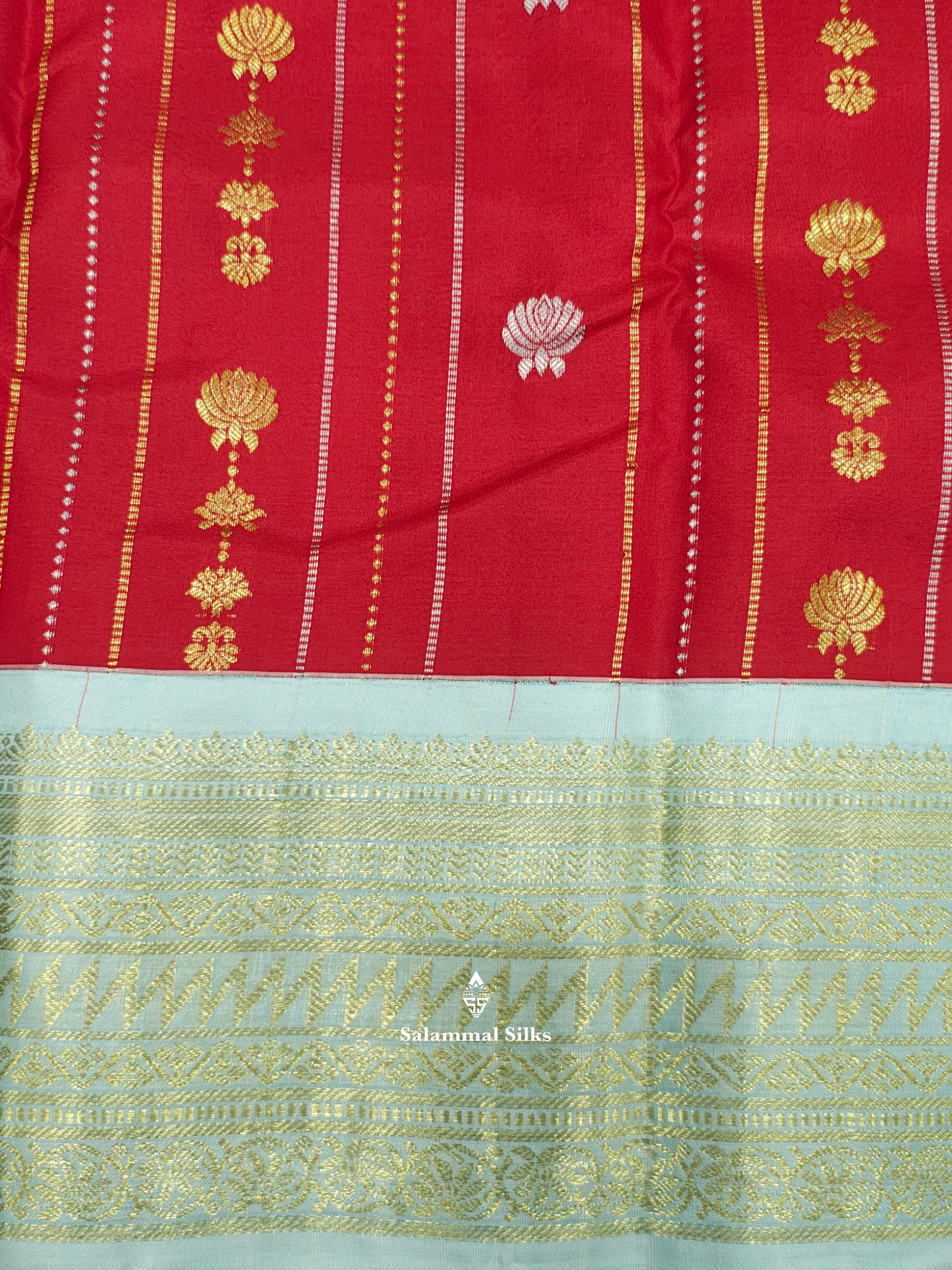 Kanjivaram Red Gold Silver Lines Pure Silk Saree With Ice Blue Border