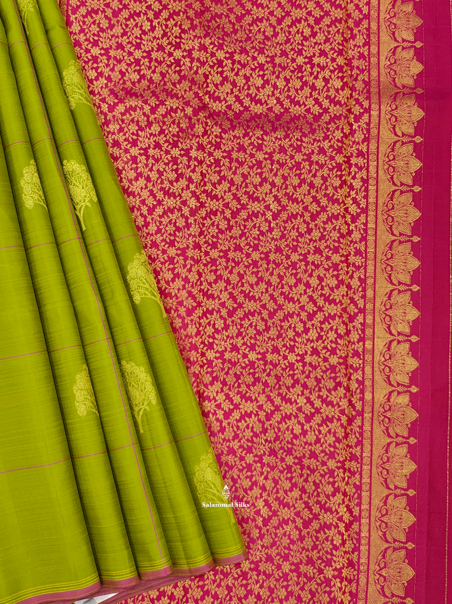 Kanjivaram Olive Green Checks Fancy Silk Saree With Rani Pink Blouse