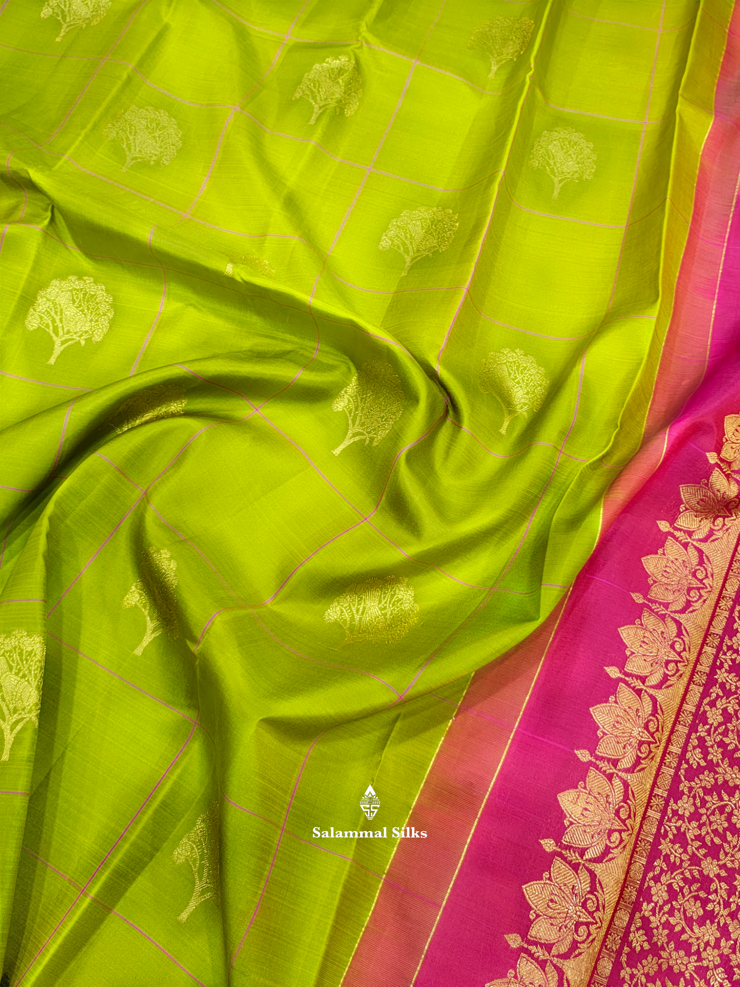 Kanjivaram Olive Green Checks Fancy Silk Saree With Rani Pink Blouse