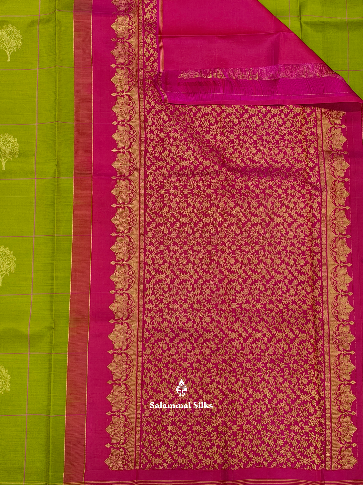 Kanjivaram Olive Green Checks Fancy Silk Saree With Rani Pink Blouse