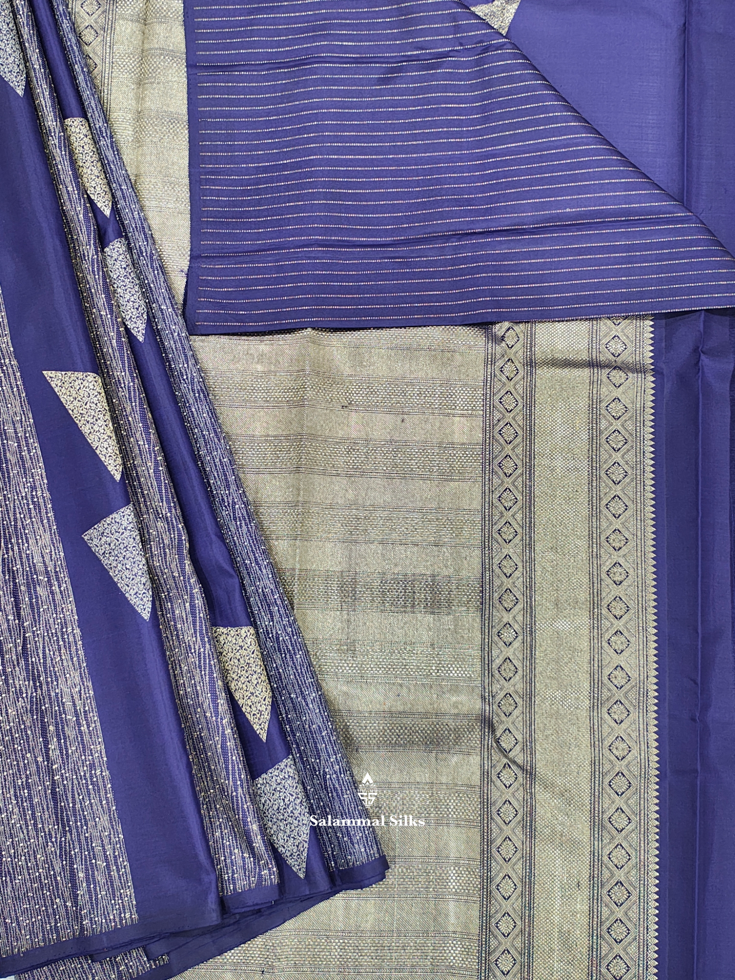 Kanjivaram Violet Fancy Silk Saree With Silver Zari  Stripes Blouse