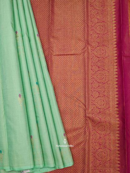 Kanjivaram Elaichi Green Tissue Fancy Silk Saree With Red Blouse