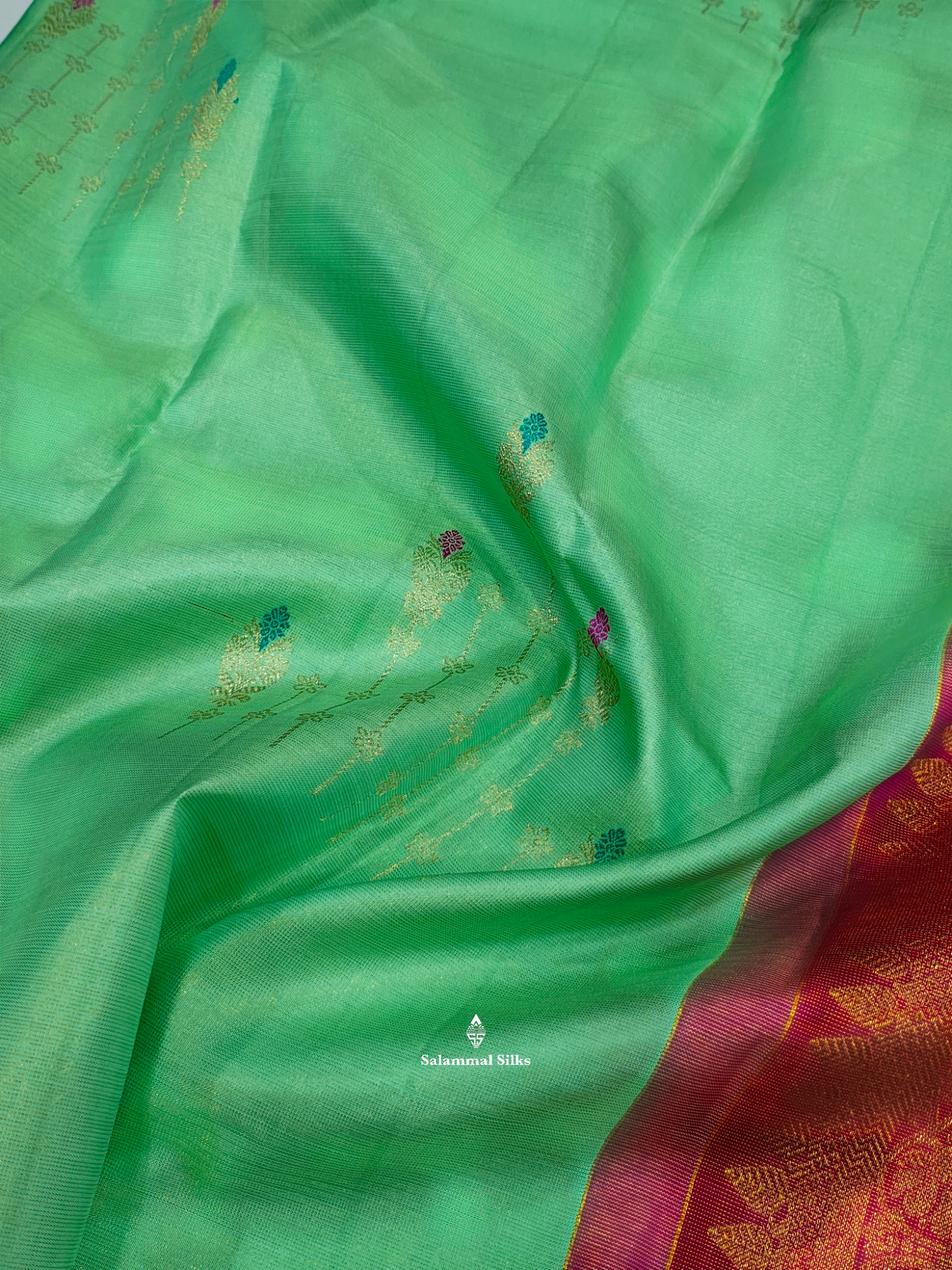 Kanjivaram Elaichi Green Tissue Fancy Silk Saree With Red Blouse