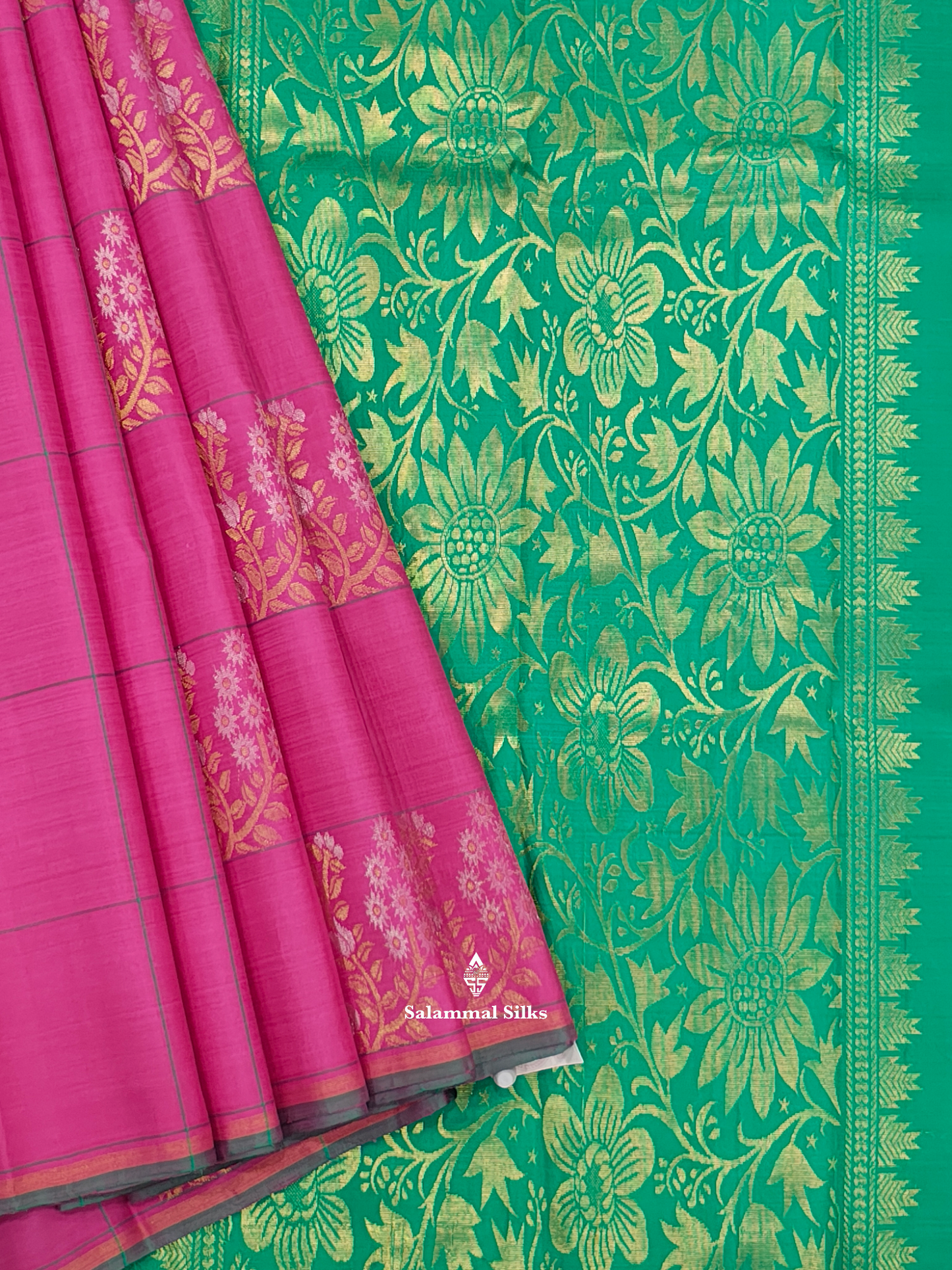 Kanjivaram Pink Checks Fancy Silk Saree With Sapphire Green Blouse