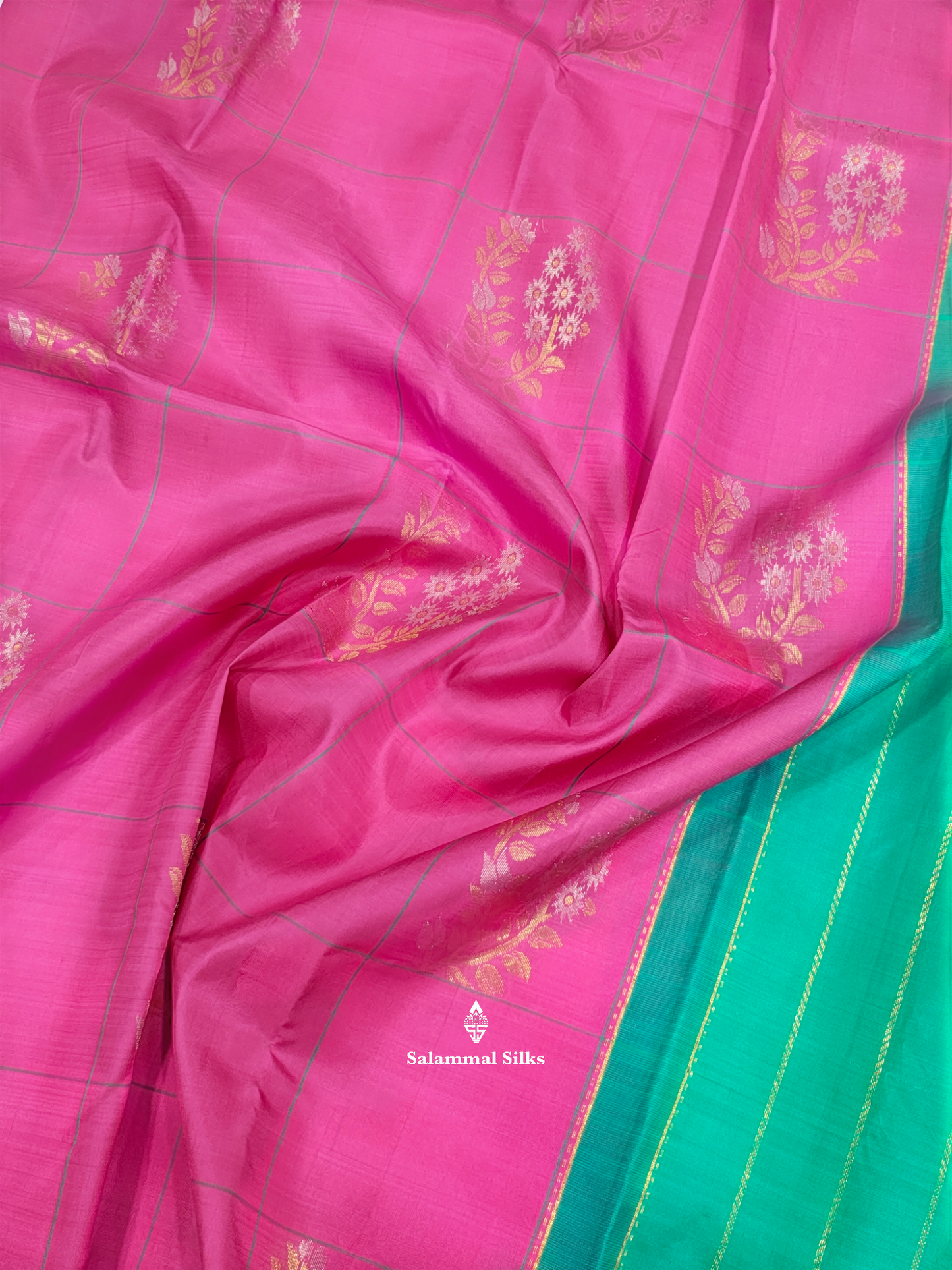 Kanjivaram Pink Checks Fancy Silk Saree With Sapphire Green Blouse