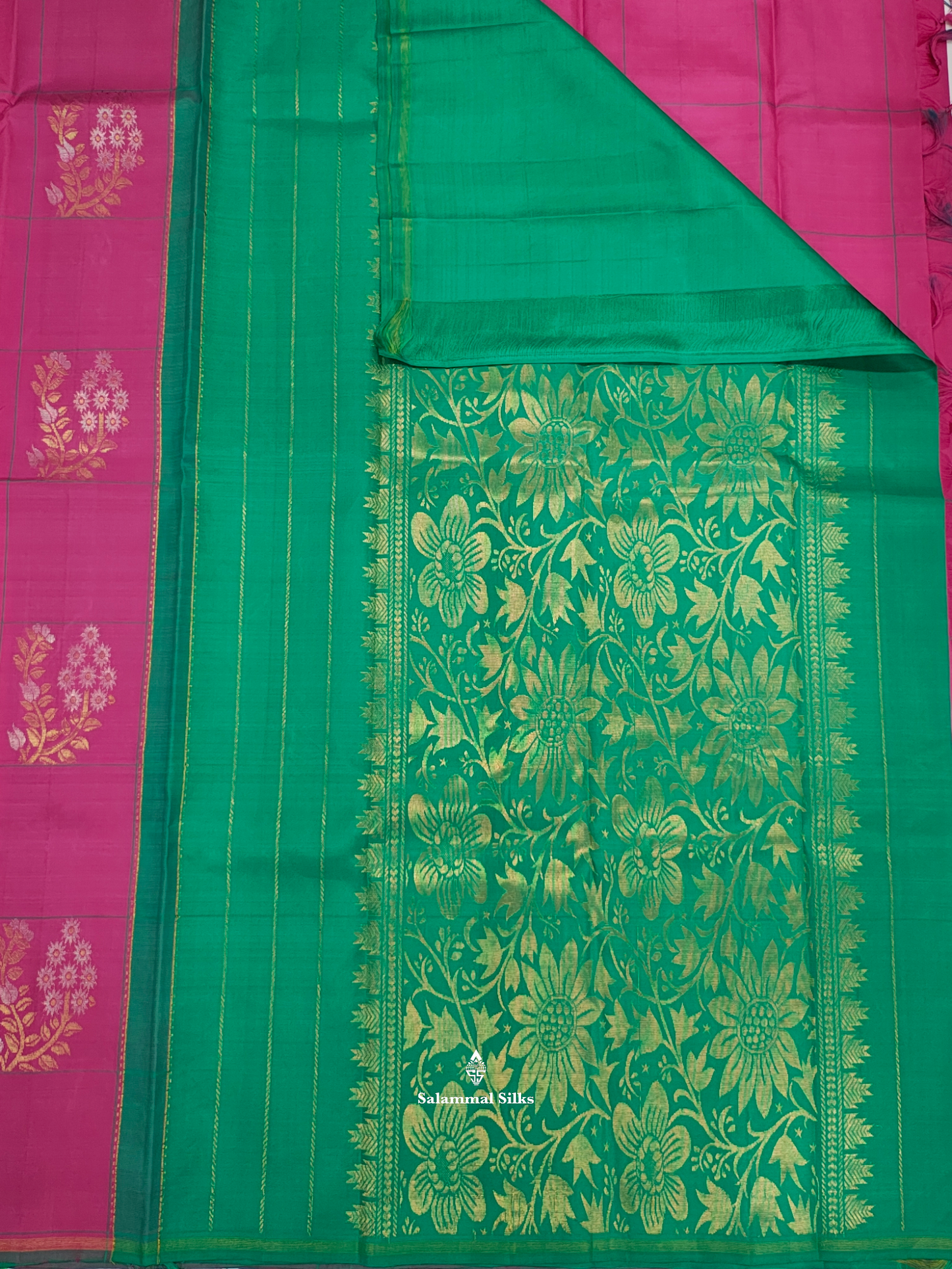 Kanjivaram Pink Checks Fancy Silk Saree With Sapphire Green Blouse