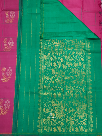 Kanjivaram Pink Checks Fancy Silk Saree With Sapphire Green Blouse