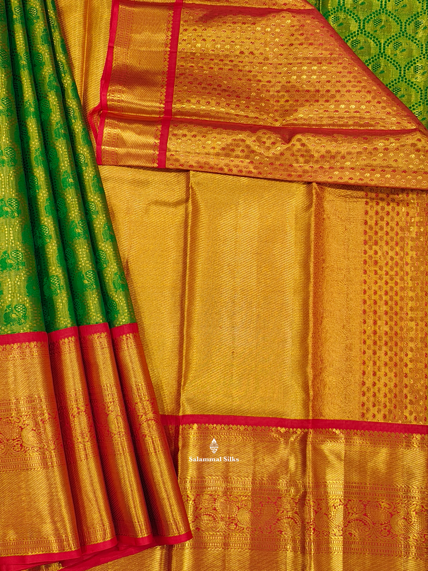 Kanjivaram Green Gold Tissue Fancy Silk Saree With Red Border