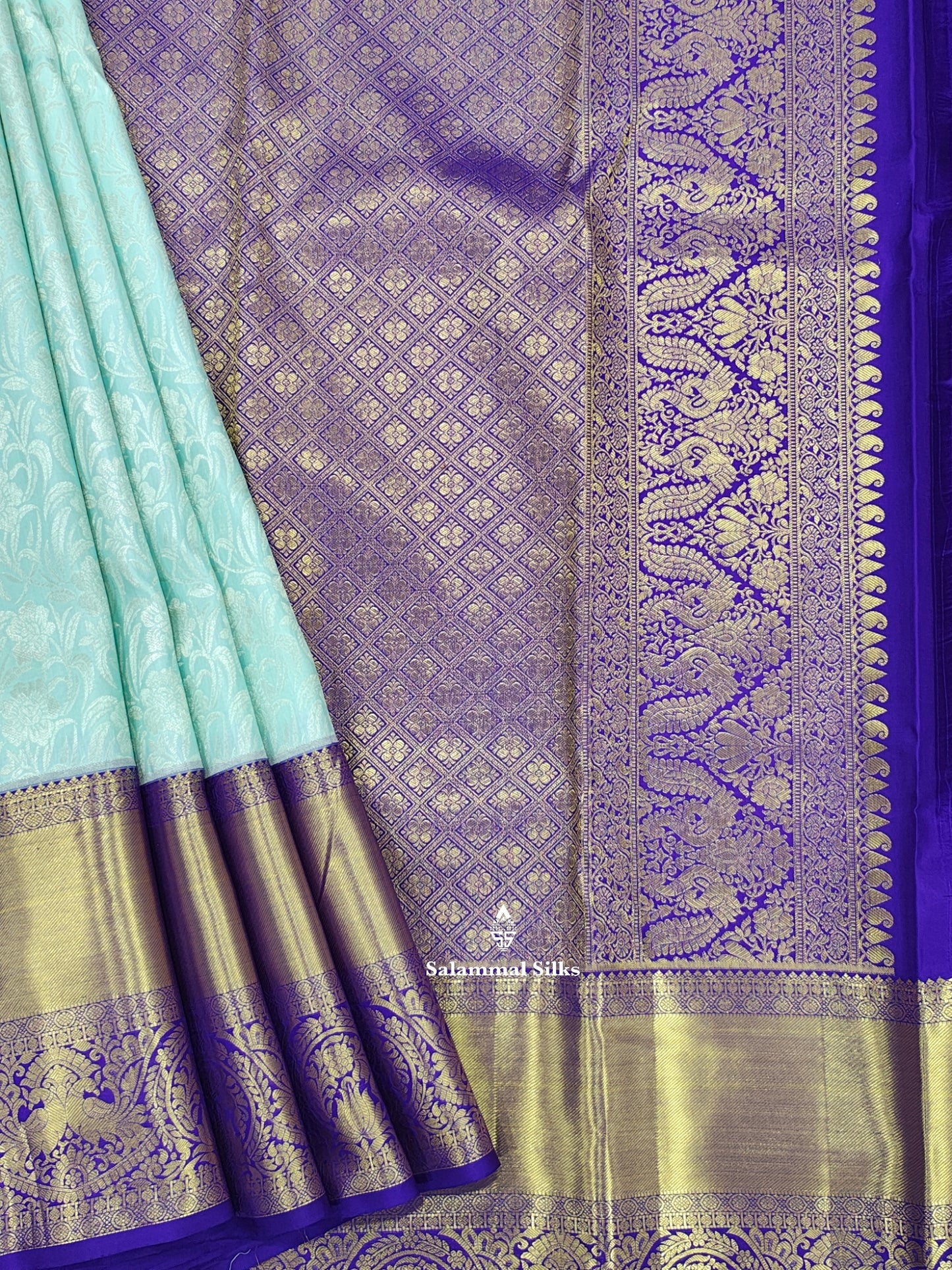 Kanjivaram Ice Blue Exclusive Bridal Silk Saree With Violet Blouse