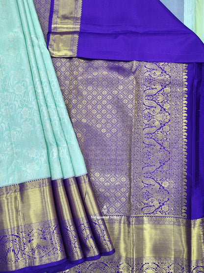 Kanjivaram Ice Blue Exclusive Bridal Silk Saree With Violet Blouse