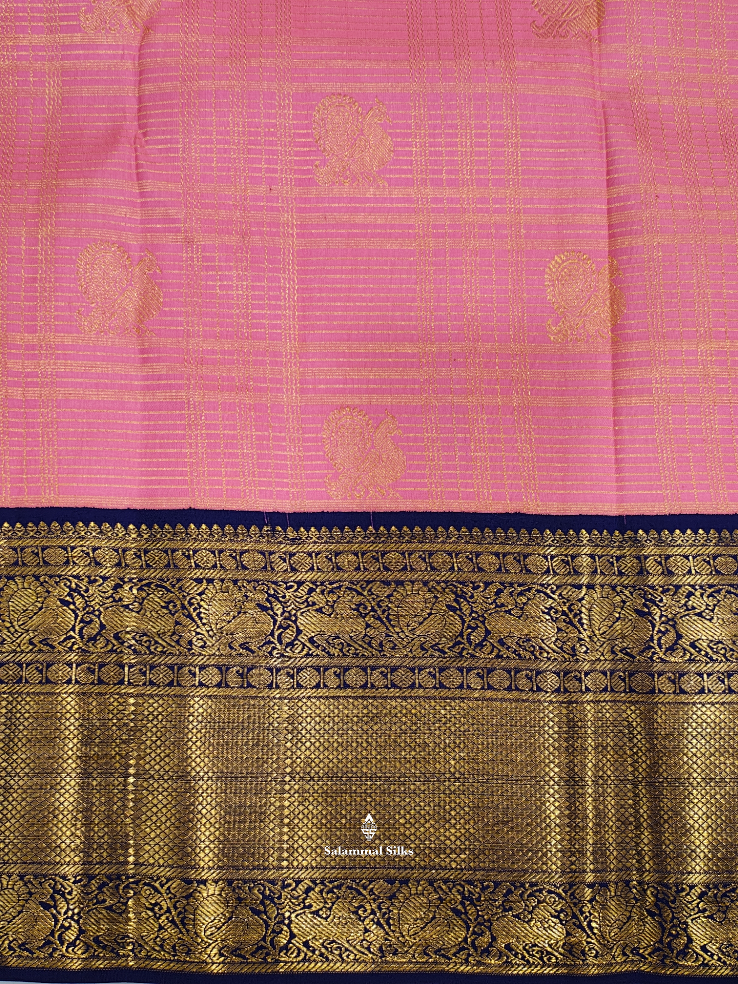 Kanjivaram Korvai Traditional Checks Baby Pink Silk Saree With Violet  Border