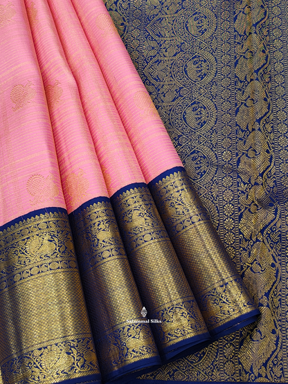 Kanjivaram Korvai Traditional Checks Baby Pink Silk Saree With Violet  Border