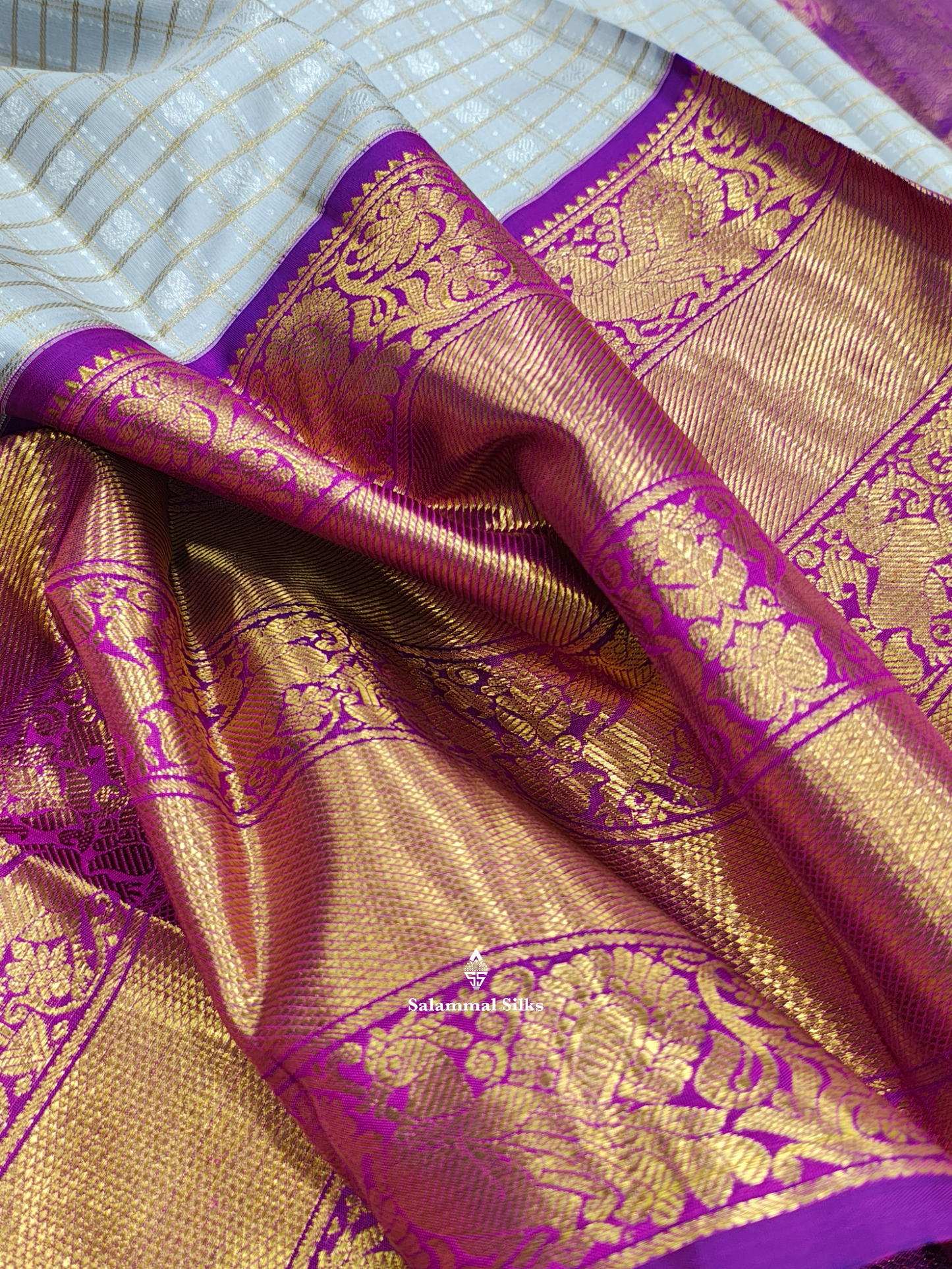 Kanjivaram Korvai Light Grey Traditional Checks 2G  Zari Wedding Silk Saree With Vadamalli Long Border