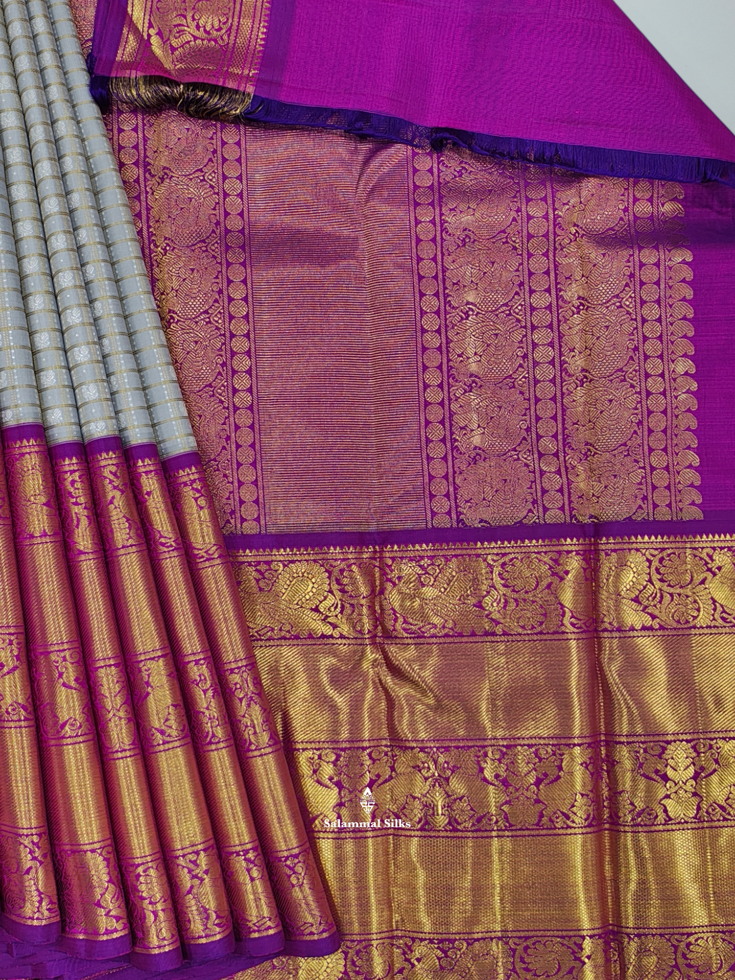 Kanjivaram Korvai Light Grey Traditional Checks 2G  Zari Wedding Silk Saree With Vadamalli Long Border