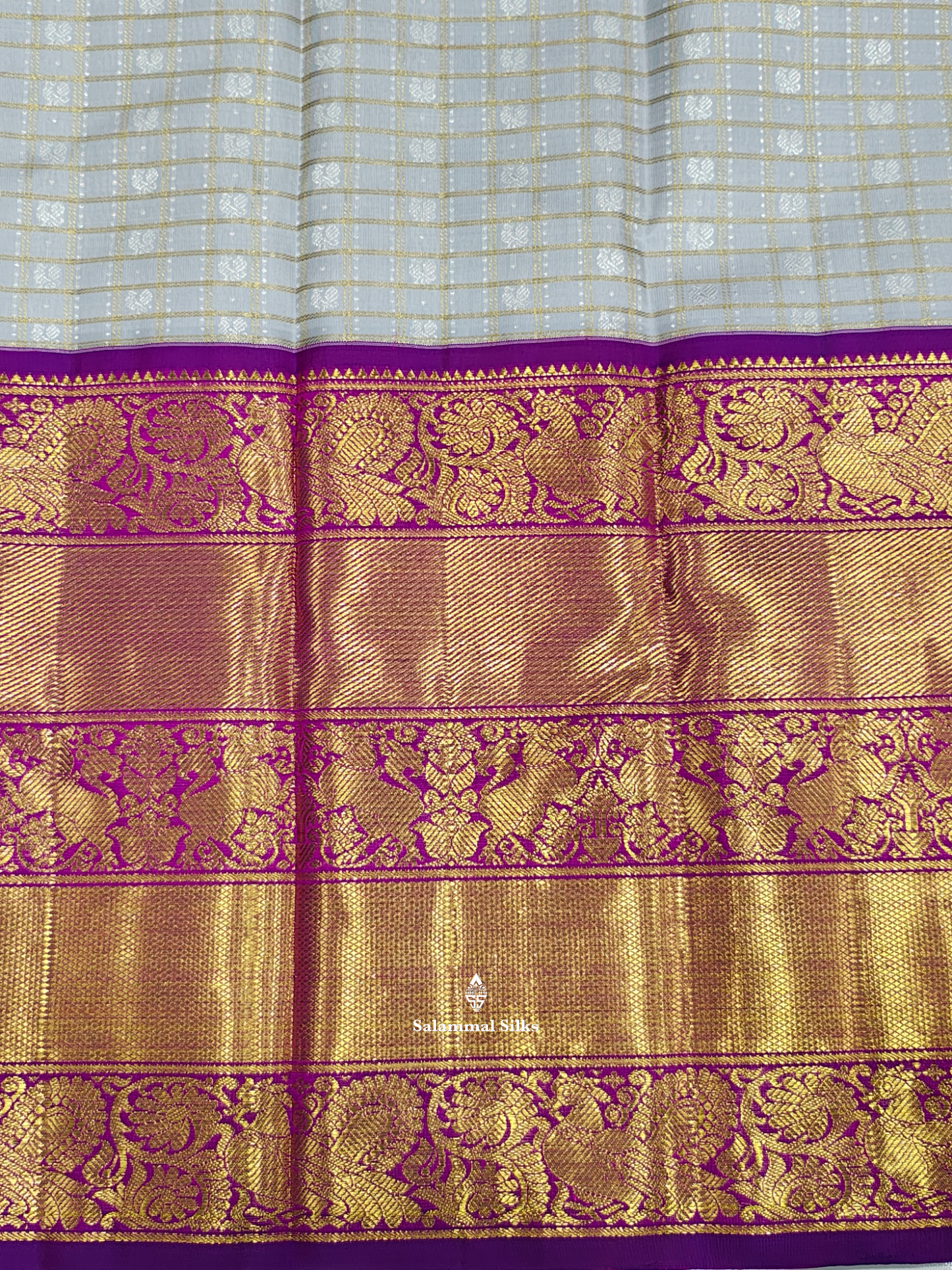 Kanjivaram Korvai Light Grey Traditional Checks 2G  Zari Wedding Silk Saree With Vadamalli Long Border