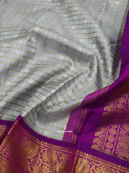 Kanjivaram Korvai Light Grey Traditional Checks 2G  Zari Wedding Silk Saree With Vadamalli Long Border