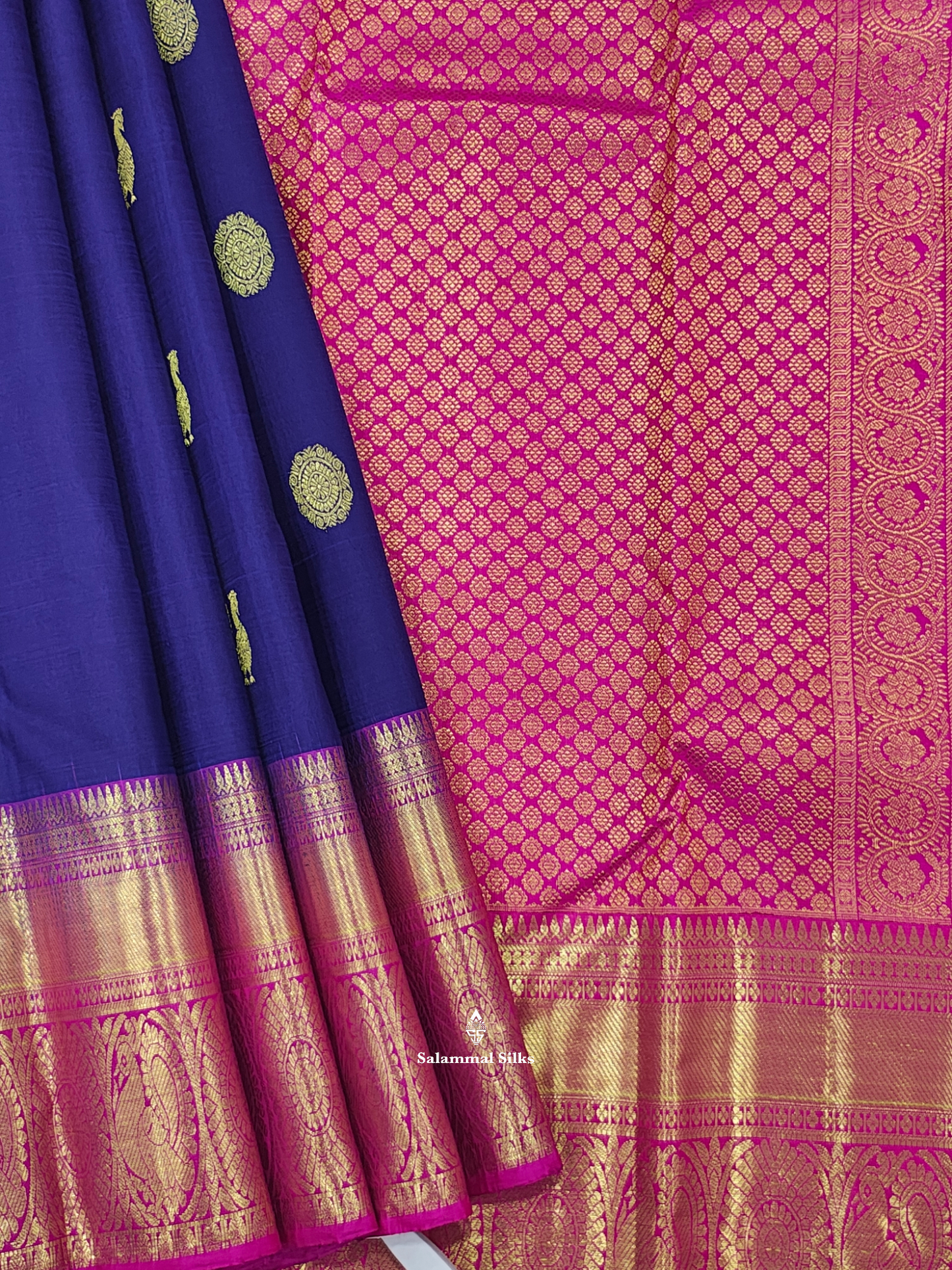 Kanjivaram Violet Traditional Pure Silk Saree With Magenta Rose Border