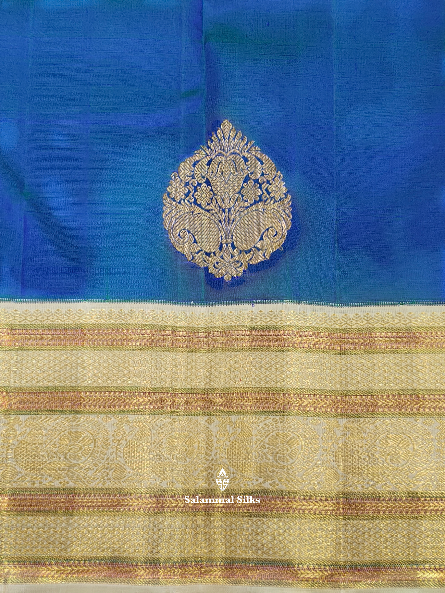 Kanjivaram Korvai Peacock Blue Beautiful Pure Silk Saree With Half White Border