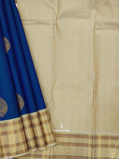 Kanjivaram Korvai Peacock Blue Beautiful Pure Silk Saree With Half White Border