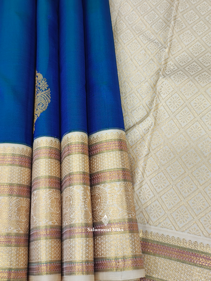 Kanjivaram Korvai Peacock Blue Beautiful Pure Silk Saree With Half White Border