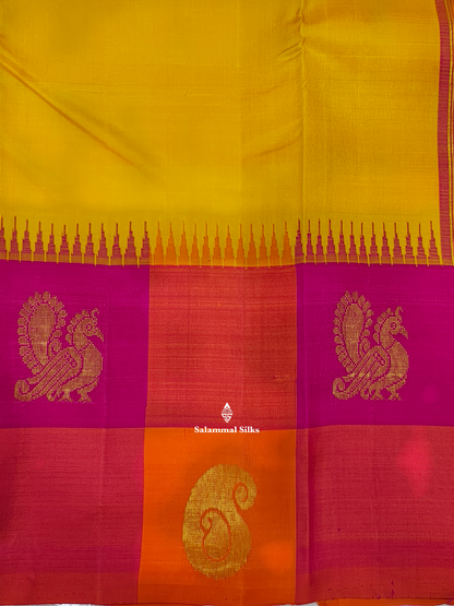 Kanjivaram Beautiful Yellow Pure Silk Saree With Korvai Multicolour Border