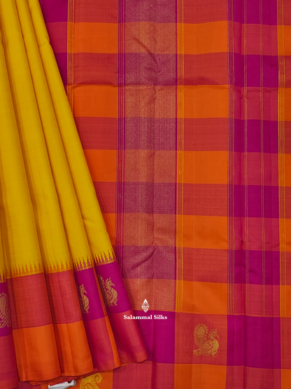 Kanjivaram Beautiful Yellow Pure Silk Saree With Korvai Multicolour Border