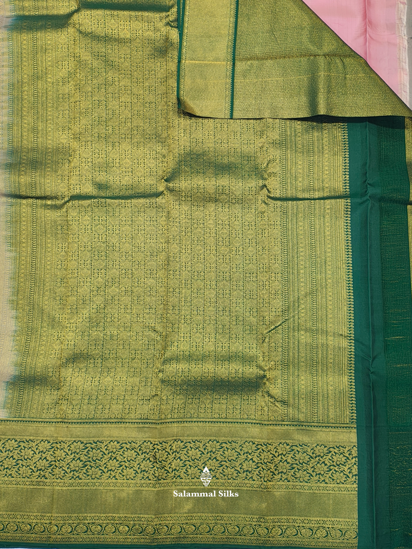 Kanjivaram Baby Pink Fancy Pure Silk Saree With Bottle Green Border