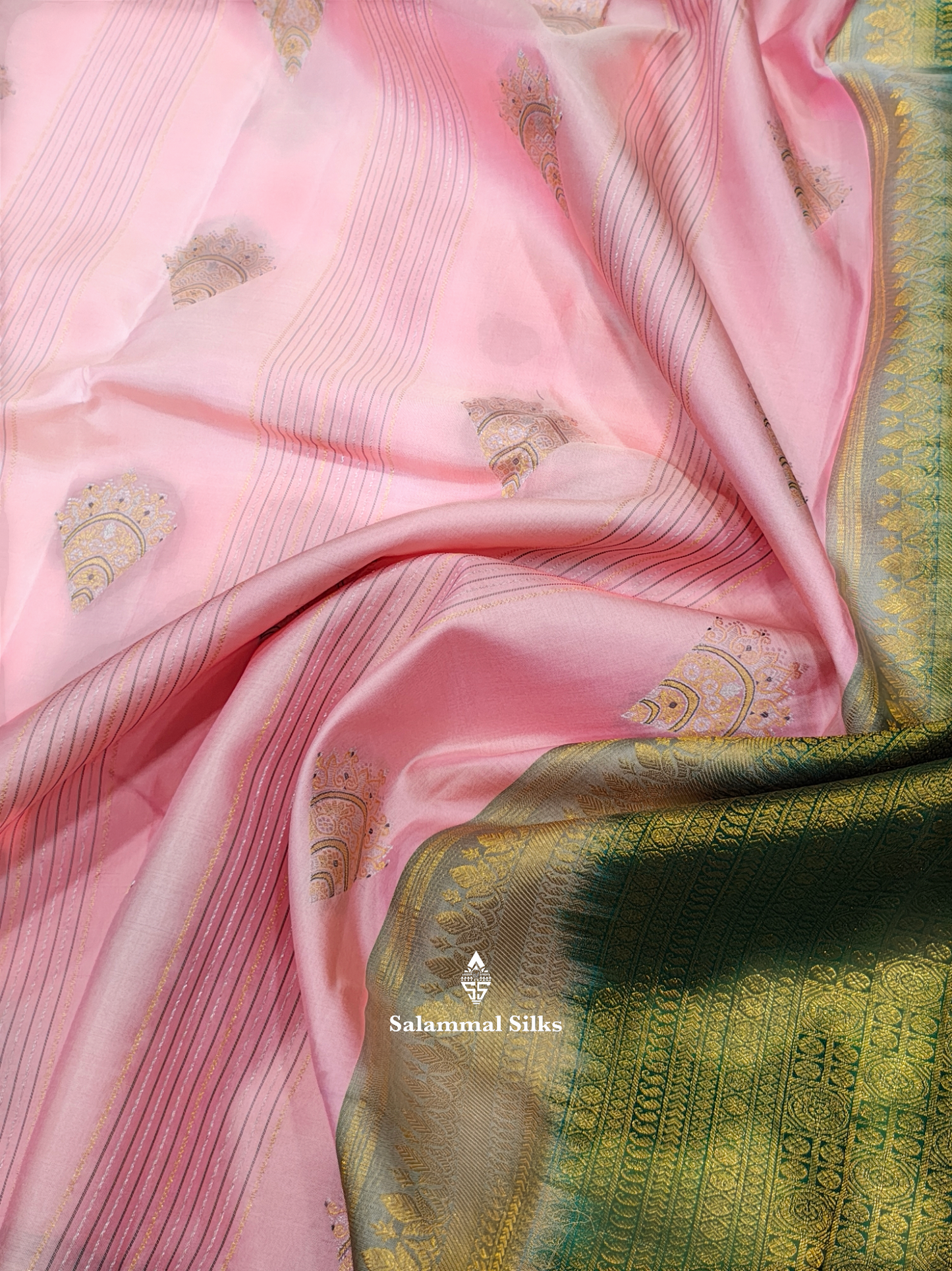 Kanjivaram Baby Pink Fancy Pure Silk Saree With Bottle Green Border