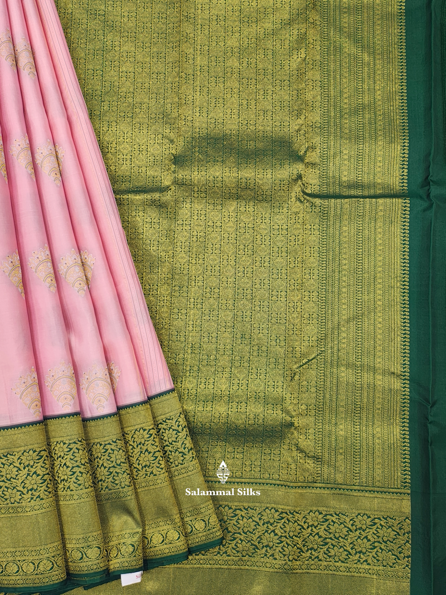 Kanjivaram Baby Pink Fancy Pure Silk Saree With Bottle Green Border