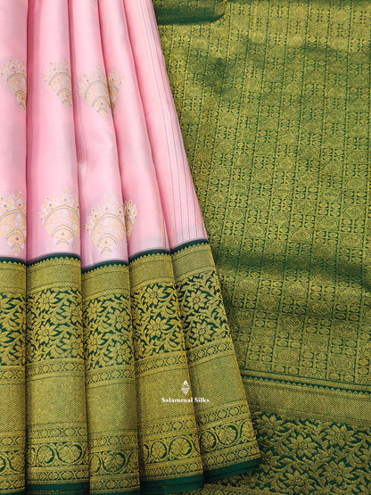 Kanjivaram Baby Pink Fancy Pure Silk Saree With Bottle Green Border