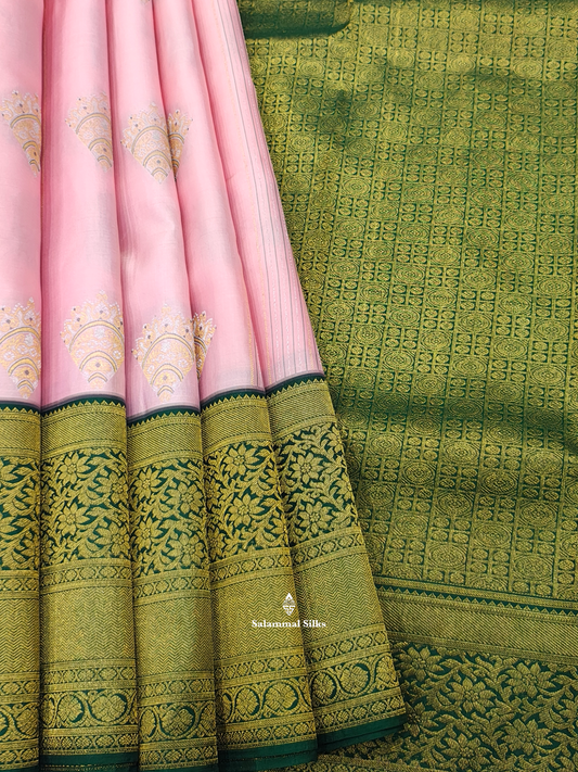 Kanjivaram Baby Pink Fancy Pure Silk Saree With Bottle Green Border