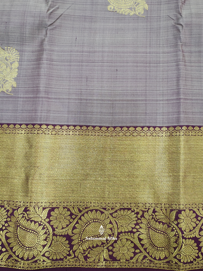 Kanjivaram Light Grey Pure Silk Saree With Violet Border