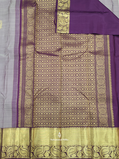 Kanjivaram Light Grey Pure Silk Saree With Violet Border