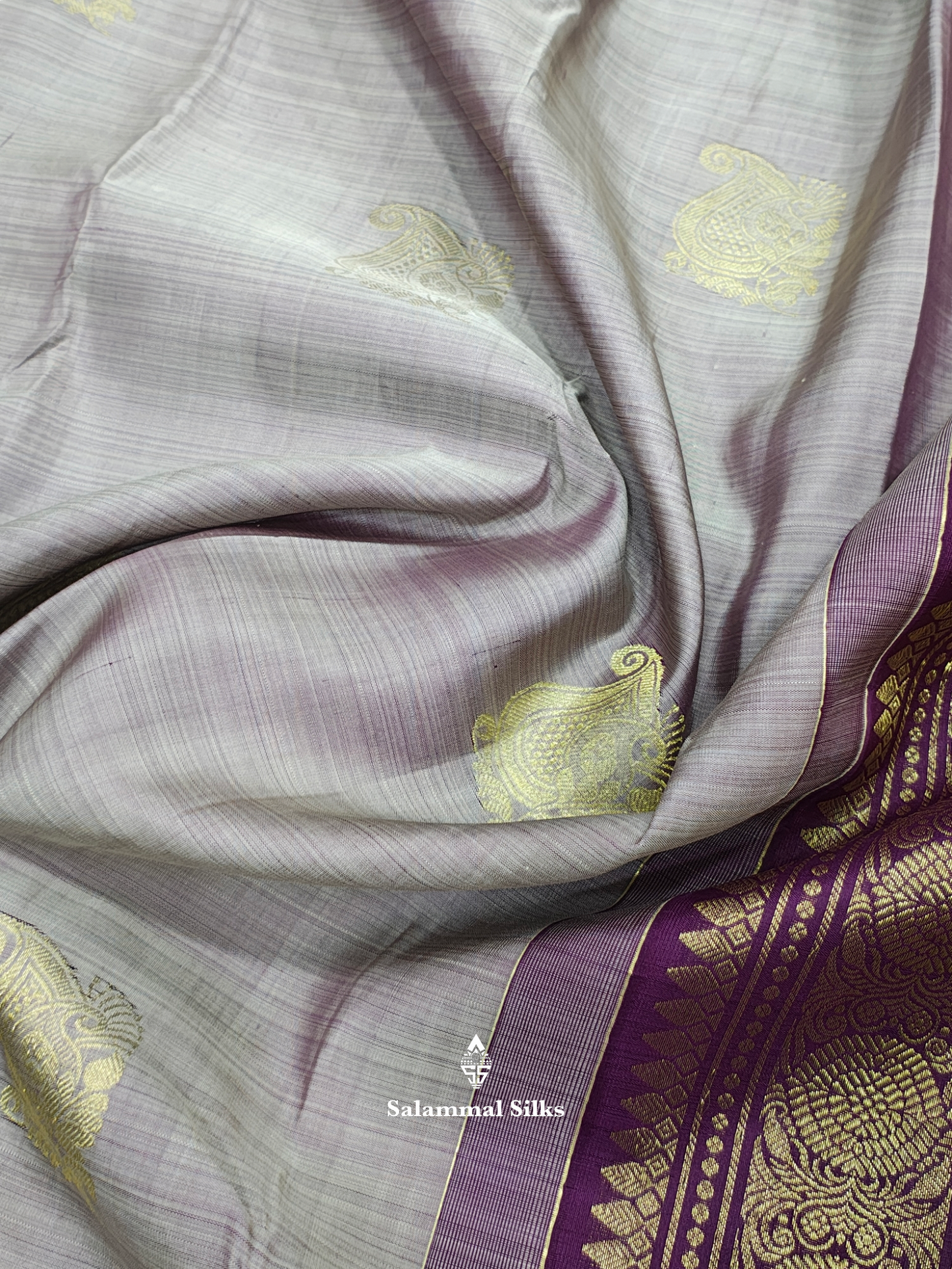 Kanjivaram Light Grey Pure Silk Saree With Violet Border