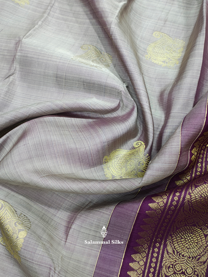 Kanjivaram Light Grey Pure Silk Saree With Violet Border