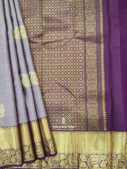 Kanjivaram Light Grey Pure Silk Saree With Violet Border