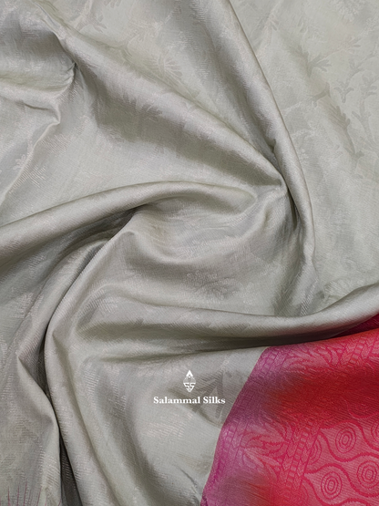 Kanjivaram Light Grey Pure Silk Saree With Pinkish Peach Border