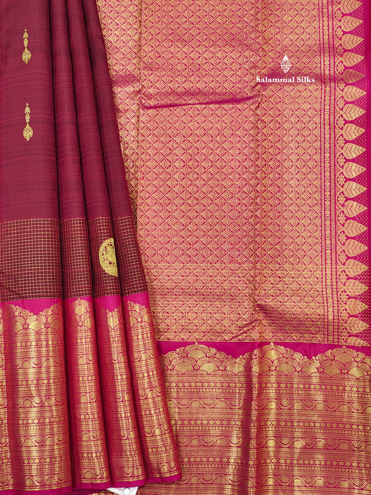 Kanjivaram Traditional Maroon Pure Silk Saree With Magenta Rose Border