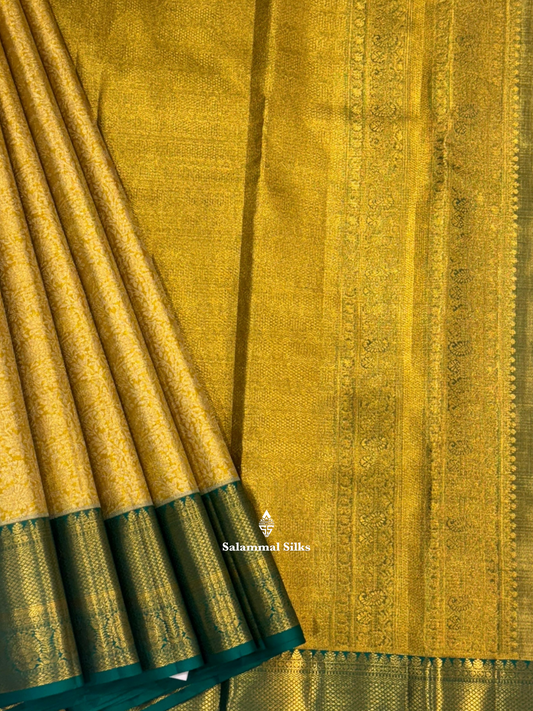 Kanjivaram Golden Yellow Tissue Beautiful Wedding Pure Silk Saree With Green Border