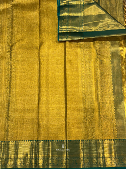 Kanjivaram Golden Yellow Tissue Beautiful Wedding Pure Silk Saree With Green Border