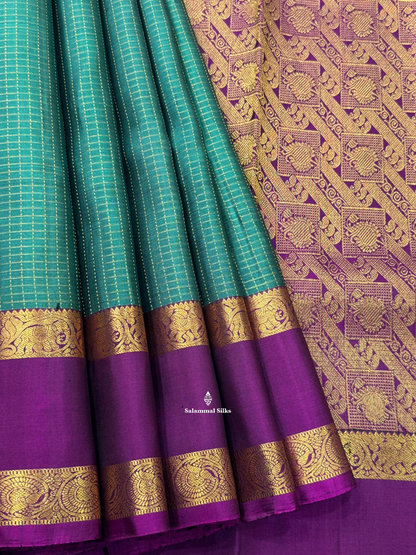 Kanjivaram Beige Green Pure Silk Saree  With VIolet Retta Petta Border