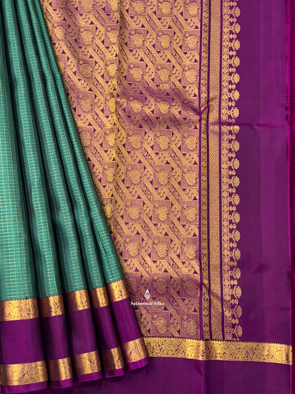 Kanjivaram Beige Green Pure Silk Saree  With VIolet Retta Petta Border