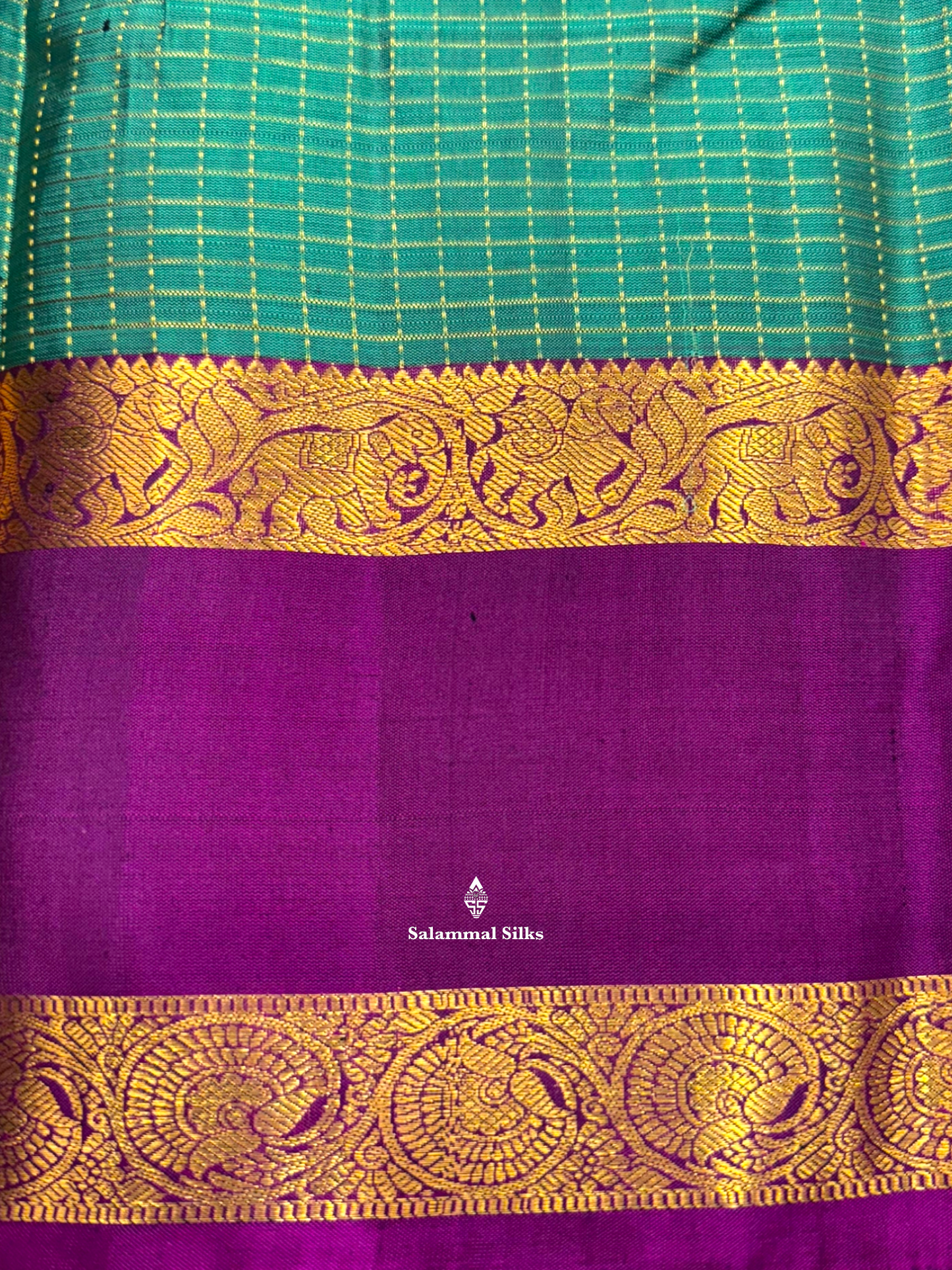 Kanjivaram Beige Green Pure Silk Saree  With VIolet Retta Petta Border