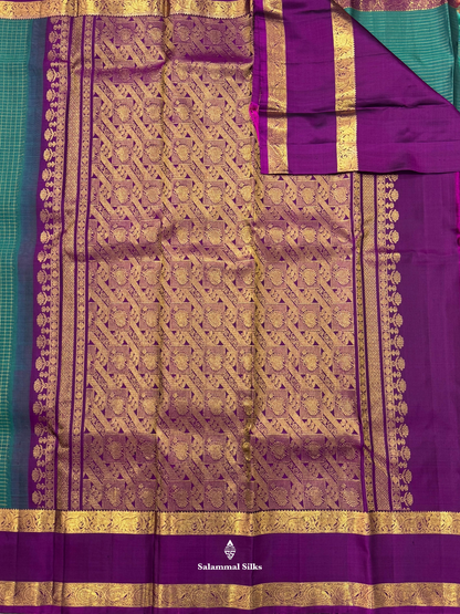 Kanjivaram Beige Green Pure Silk Saree  With VIolet Retta Petta Border