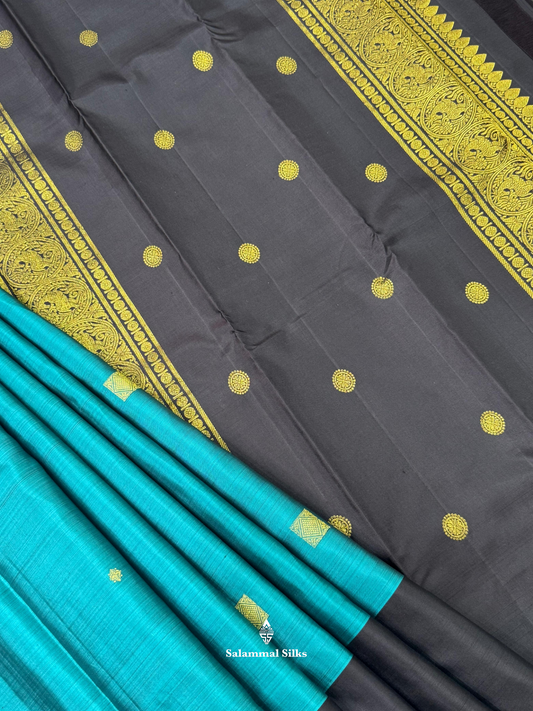 Kanjivaram Light Ramar Blue Beautiful Fancy Pure Silk Saree With Black Border